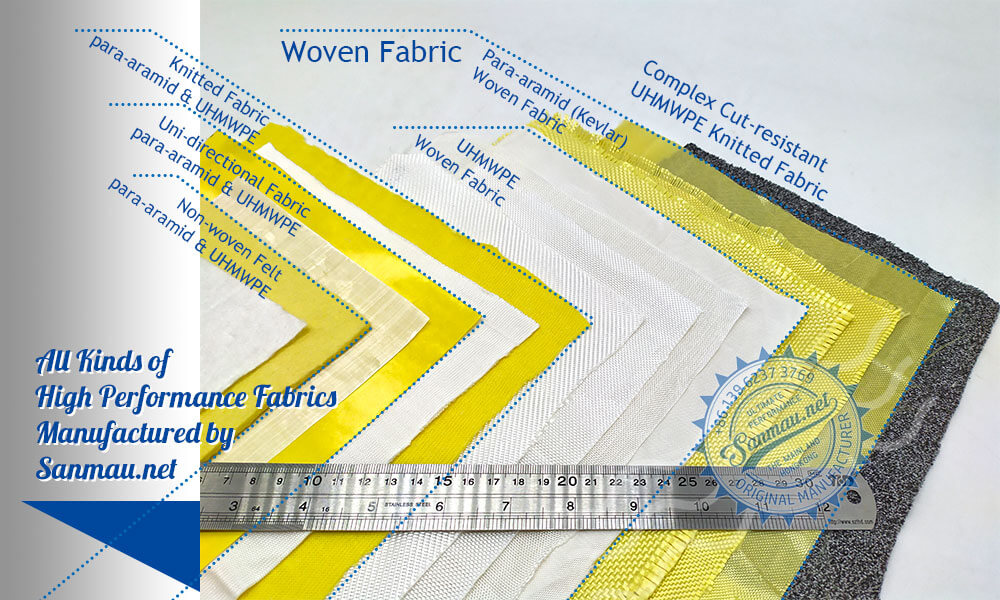 Comapre of woven|non-woven|UD fabrics of Kevlar|aramid UHMWPE|Dyneema on one image